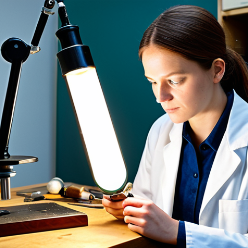 A focused professional art restoration student, fully clothed in a modest lab coat, meticulously examining a small antique wooden artifact under a magnifying lamp in a brightly lit, organized restoration laboratory. The setting includes various traditional restoration tools and a microscope on a workbench. The image emphasizes perfect anatomy, correct proportions, and a natural pose. This is a professional, safe for work, appropriate content, family-friendly image with high-quality, detailed photography.