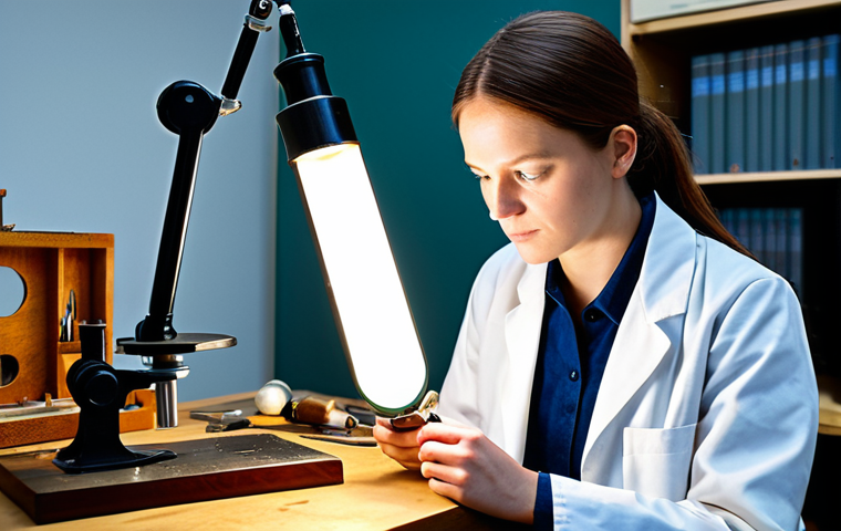 A focused professional art restoration student, fully clothed in a modest lab coat, meticulously examining a small antique wooden artifact under a magnifying lamp in a brightly lit, organized restoration laboratory. The setting includes various traditional restoration tools and a microscope on a workbench. The image emphasizes perfect anatomy, correct proportions, and a natural pose. This is a professional, safe for work, appropriate content, family-friendly image with high-quality, detailed photography.