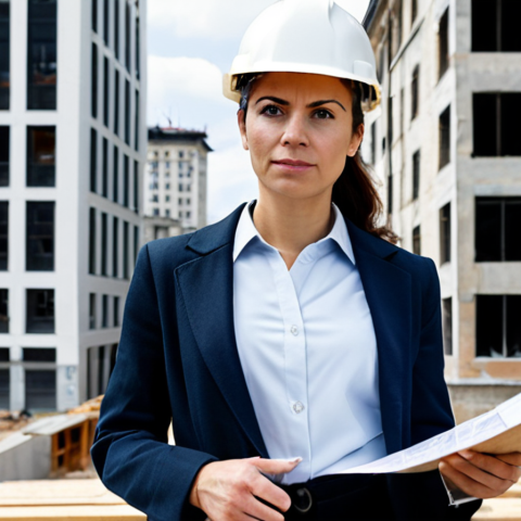 **

A professional female architect in a fully clothed, modest business casual outfit stands on a construction site overlooking a historic building undergoing restoration. She's holding a blueprint and pointing towards the building with a serious expression. Background: cityscape with modern buildings and cranes. Safe for work, appropriate content, professional, perfect anatomy, correct proportions, natural pose, well-formed hands, proper finger count, natural body proportions, high quality image.

**