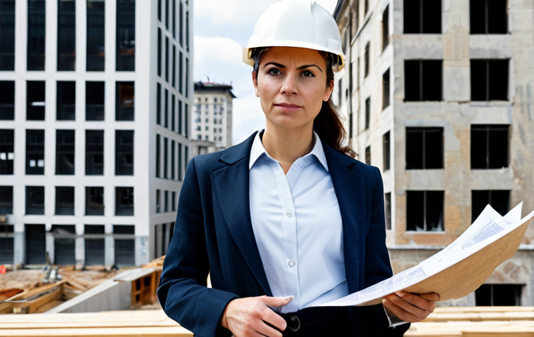 **
A professional female architect in a fully clothed, modest business casual outfit stands on a construction site overlooking a historic building undergoing restoration. She's holding a blueprint and pointing towards the building with a serious expression. Background: cityscape with modern buildings and cranes. Safe for work, appropriate content, professional, perfect anatomy, correct proportions, natural pose, well-formed hands, proper finger count, natural body proportions, high quality image.
**