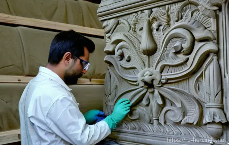 문화재수리기술자 자격증 시험 과목별 준비법 - A highly skilled restorer, a person in their 40s (male or female), garbed in a pristine lab coat and...
