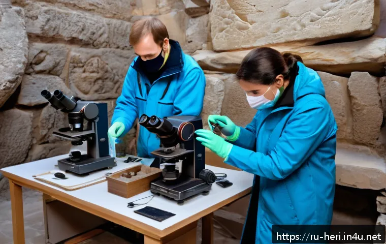 문화재수리기술자와 협력해야 하는 관련 직군 - A group of cultural heritage conservators meticulously examining an ancient Russian monument indoors...