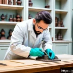 Home 22 문화재수리기술자 연봉협상 팁 - A professional art restorer in a well-lit museum workshop, wearing clean protective gloves and a whi...