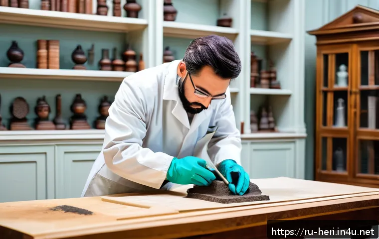 문화재수리기술자 연봉협상 팁 - A professional art restorer in a well-lit museum workshop, wearing clean protective gloves and a whi...