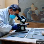 Home 20 문화재수리기술자와 문화재 관리자의 차이 - A skilled art restorer in a well-equipped restoration workshop carefully working on an 18th-century ...