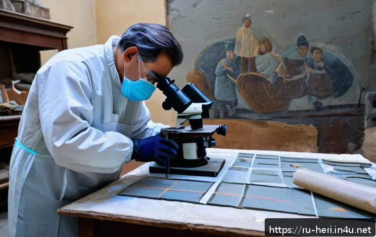 문화재수리기술자와 문화재 관리자의 차이 - A skilled art restorer in a well-equipped restoration workshop carefully working on an 18th-century ...
