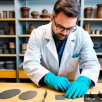 Home 18 문화재수리기술자 실기시험 준비 전략 - A professional restoration workshop scene with a focused adult restorer wearing protective gloves an...