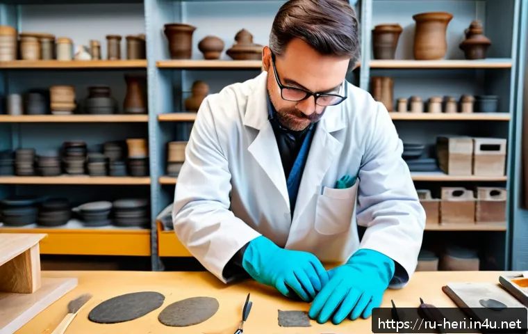 문화재수리기술자 실기시험 준비 전략 - A professional restoration workshop scene with a focused adult restorer wearing protective gloves an...