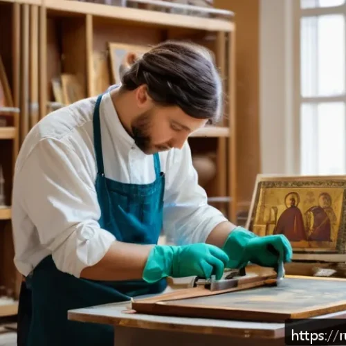 Home 17 문화재수리기술자 자격증 유효기간 및 갱신 - A professional art restorer in a bright, well-lit workshop carefully restoring an ancient Russian ic...