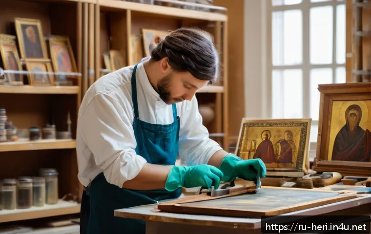 문화재수리기술자 자격증 유효기간 및 갱신 - A professional art restorer in a bright, well-lit workshop carefully restoring an ancient Russian ic...