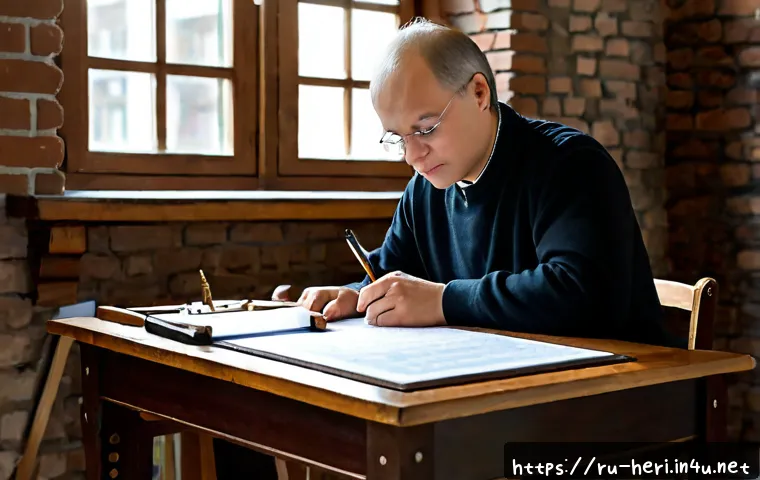 Home 17 문화재수리기술자 필기시험 자주 출제되는 문제 - Photorealistic heritage restoration certification exam study scene in Russia, mature trainee seated ...